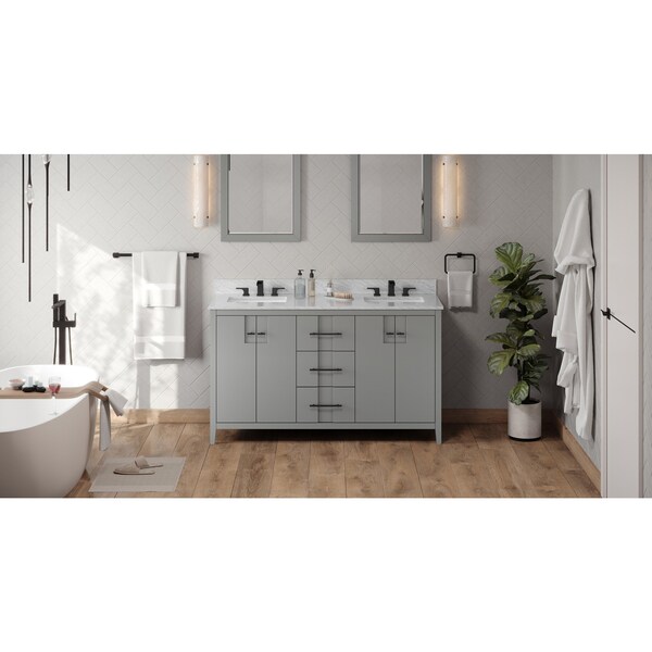 Jeffrey Alexander 60In. Grey Katara Vanity, Double Bowl, White Carrara Marble Vanity Top, 2 Undrmnt Rctngl Bowls VKITKAT60GRWCR - main